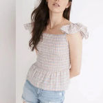 Madewell  Seersucker Lucie Smocked Peplum Top in Rainbow Plaid Photo 0
