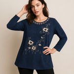 Victoria Embroidered Floral Top Blue XL/XXL Plus Size Retro Artsy Boho Classic Photo 0