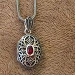 Sterling Silver Red Garnet Marcasite Locket  Filigree Design Photo 2