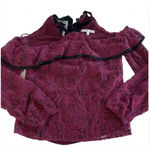 WAYF Lace Blouse Womens Small Burgundy Off Shoulder Sheer Helena Ruffle Tie Photo 3