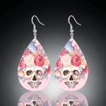 Pink Rose Flower Skull Print‎ Dangle Halloween Earrings Bohemian Faux Leather Photo 7