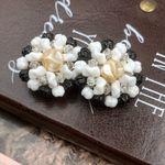 Vintage 50s West Germany Floral Pearl Beaded Clip Earrings Black Photo 3