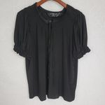 Norma Kamali  Womens Blouse Size S Black Smocked Short Sleeve Tie Front Stretch Photo 0
