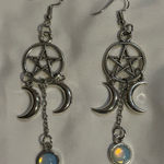 Gothic Pentagram Crescent White Crystal Earrings Faux Moonstone Witch Pagan Silver Photo 0
