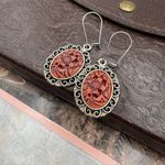Floral Dangle Earrings 1970s Vintage Boho Silver Tone Red Photo 2