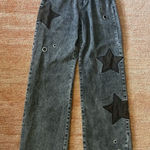 Daisy Street  Star Patch Wide Leg Jeans Black Wash Grommet Detail Size US 3 Photo 0
