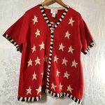 Quacker Factory  Sweater Large Red Star Stripe Sequin Flag Cardigan Short Sleeve Photo 0