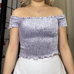 White Fawn  | Lavender Purple Ruched Off-The-Shoulder Velvet Lettuce-Hem Crop Top Photo 3