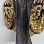 Vintage 70s Gold Black Silk Sequin Beaded Butterfly Boho Disco V Neck Drape Top Photo 8