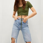 Mango  WOMEN Ruched Short‎ Sleeve Square Neck Cropped Tee - Size M - Green - NWT Photo 12