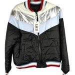 EV1 Black Blue Cream Silver Puffer Coat Large Photo 0