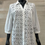 August Silk  Shirt Top Blouse Button Down White Eyelet Roll‎ Tab Sleeve XL cotton Photo 0