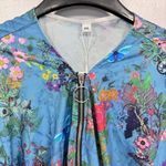 NEW Blue Satin Floral and Butterfly Zip Front 3/4 Balloon Sleeve Blouse Size XXL Photo 2