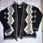 Velvet by Graham & Spencer Black White Patterned Open Front Fringe Cardigan L Size L Photo 1