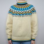 Vintage Handmade Cream, Teal & Yellow Icelandic Fair Isle Turtleneck Sweater Size M Photo 0