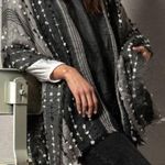 DEMDACO POM FRINGE BLACK WHITE GREY PONCHO CAPE OS Size 0X Photo 6