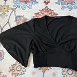 SheIn Black Cropped V-Neck Flared Flutter Bat Sleeved Crop Top Smocked Large Photo 1