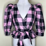 ZARA Top XS Black Pink Taffeta Windowpane Plaid Faux Wrap Belted Puff Sleeve NEW Photo 0