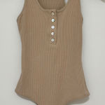 REORIA | Cream Ribbed Racerback Henley Button Up Snap Bodysuit Tan Photo 0