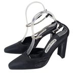 1990s Vintage Formal Heels Black 6.5 Shiny Satin Rhinestone Ankle Strap Prom Photo 13