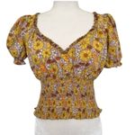 Floral Puff Sleeve Blouse Fall in Yellow and Brown Top Size M Photo 0