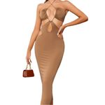 NWT Outcast Fire Ball Cut Out Tan Maxi Dress LARGE Brown Photo 1