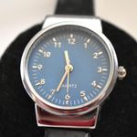 Source Unknown Minimalist Blue Face Silver Tone Black Patten Leather Band New Battery Watch Photo 1