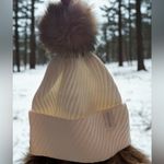 Calvin Klein  Cream Faux Fur Pom Beanie | Ribbed Knit | NWT | Snow Bunny | Winter Photo 1