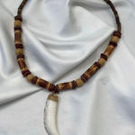 Early 2000's Brown Wood Beaded Boho Grunge Tooth Pendant Necklace Photo 0