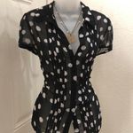 Y2K Office Siren Preppy Vixen Black White Polka Dot Corset Fit Sheer Blouse Shirt Top Button Up Down Short Sleeve blouse #whimsi #gothic #whimsygoth Size 8 Photo 1