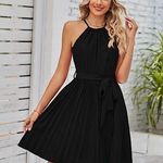 NEW Black Halter Neckline Belted Waist Pleated Skirt Swing Dress Size XL Photo 0
