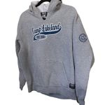 Roots  Camp Lakeland Grey W/Blue Writing Size Small Hoodie W/DIY Cut Neckline. Photo 1