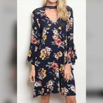 Boho Dark floral choker mini dress‎ with statement ruffle sleeve S Blue Photo 1