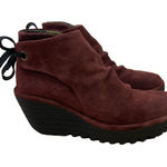 Fly London  Yebi Suede Bootie Burgundy EU 38 US 7 - 7.5 Tie-Back Wedge Ankle Boot Photo 0