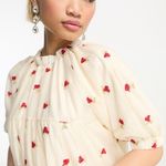 Sister Jane Prairie Rose Embroidered Tiered Puff Sleeve Mini Dress Cream‎ Medium Red Photo 3