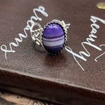 Handcrafted Purple Striped Glass Oval Cabochon Silver Stainless Steel Ring Photo 9