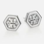 Tory Burch NWOT  Hexagon Logo Stud Earrings: Silver Plated Photo 7