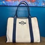Michael Kors  Canvas Leather Trimmed Large Tote Travel Bag Ivory Navy Blue Photo 0