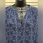 Lucky Brand  Floral Blue/Pink Long Sleeve Blouse Size M Tie Neck Semi‎ Sheer Photo 3