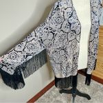 Hale Bob  Silk Fringe Velvet Burnout Kimono Medium Blue Black Paisley Sheer Boho Photo 3