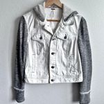 Free People  | Knit Hooded Denim Jean Jacket White Gray Mixed Distressed | Small Photo 1