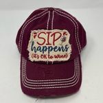 Sip Happens It’s Okay to Wine Maroon Distressed Baseball Cap Hat Red Photo 0