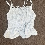 Double Zero Blue Puff Sleeve Tie Front Tank Top Photo 3