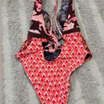 Maaji reversible one piece swimsuit coral floral beige patchwork print plunge Photo 3
