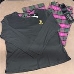 Ralph Lauren Lauren NWT 2 Piece Black Knit Top Pink Plaid Long Pant Pajamas Set Photo 2