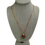 Vintage Germany Painted Rose Round Plastic Pendant Gold Chain Necklace Photo 2