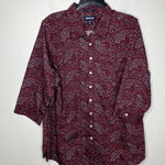 Lands' End floral paisley print 3/4 sleeve button down top maroon womens size 18W Photo 0