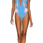 Maaji NEW Tiki One-Piece Swimsuit Blue Floral Halter Neck Deep Plunge Neck Large Photo 4