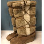 70's SNOWLAND Women's Beige Suede Leather TALL Boots Faux Fur Wedge Heel Sz 7 Photo 0
