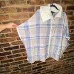 Tahari  Blue Cream Plaid Oversized Full Zip Up Cape Poncho Sweater Women's L/XL Photo 4
